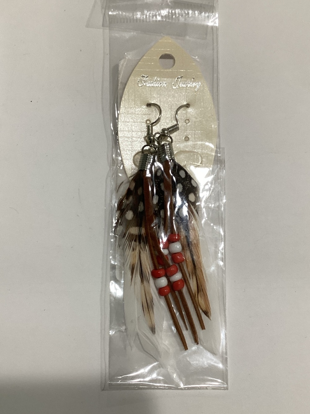 Fashion Jewelry‎ Brown Feather Dangle Earrings with Red Beads